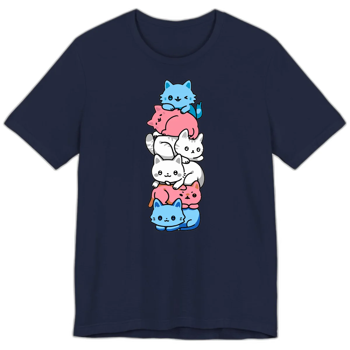 Six stacked kawaii-style cats in light blue, pink, and white with cute smiling faces and whiskers, illustrating a colorful stacked-kawaii-cats-pride design in Navy