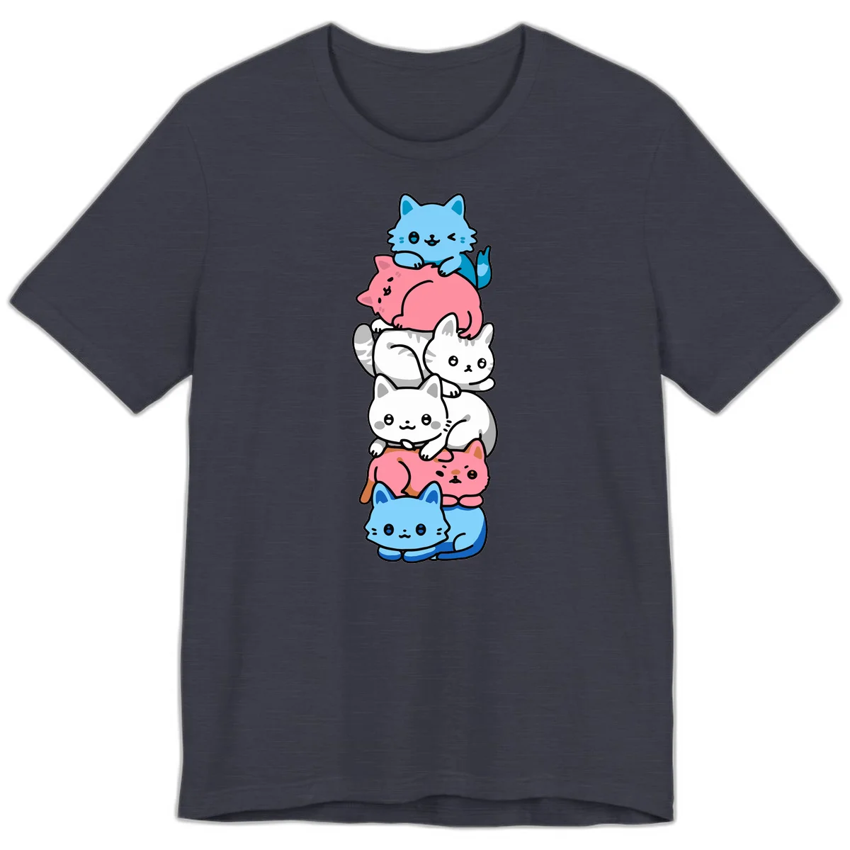 Six stacked kawaii-style cats in light blue, pink, and white with cute smiling faces and whiskers, illustrating a colorful stacked-kawaii-cats-pride design in Heather Midnight Navy