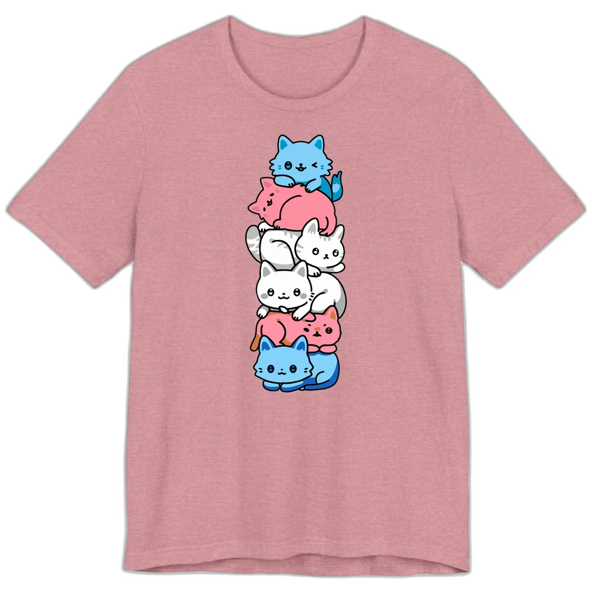 Six stacked kawaii-style cats in light blue, pink, and white with cute smiling faces and whiskers, illustrating a colorful stacked-kawaii-cats-pride design in Heather Orchid