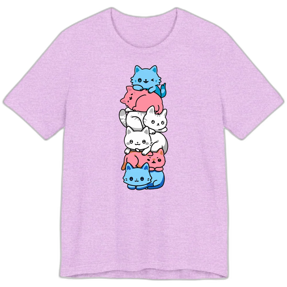 Six stacked kawaii-style cats in light blue, pink, and white with cute smiling faces and whiskers, illustrating a colorful stacked-kawaii-cats-pride design in Heather Prism Lilac