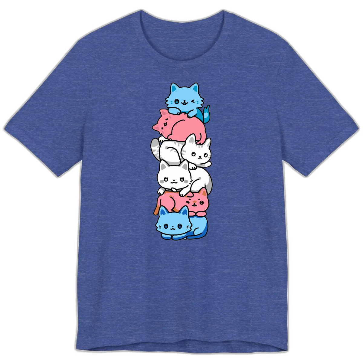 Six stacked kawaii-style cats in light blue, pink, and white with cute smiling faces and whiskers, illustrating a colorful stacked-kawaii-cats-pride design in Heather True Royal