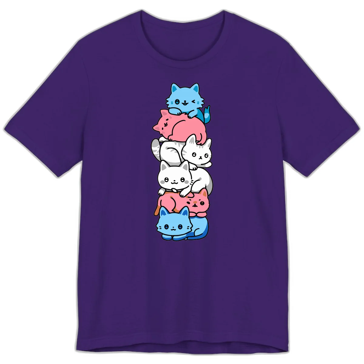 Six stacked kawaii-style cats in light blue, pink, and white with cute smiling faces and whiskers, illustrating a colorful stacked-kawaii-cats-pride design in Team Purple