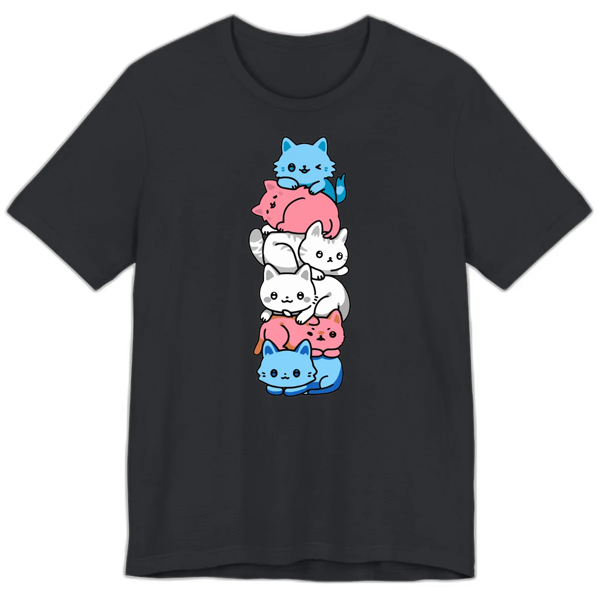 Six stacked kawaii-style cats in light blue, pink, and white with cute smiling faces and whiskers, illustrating a colorful stacked-kawaii-cats-pride design in Vintage Black