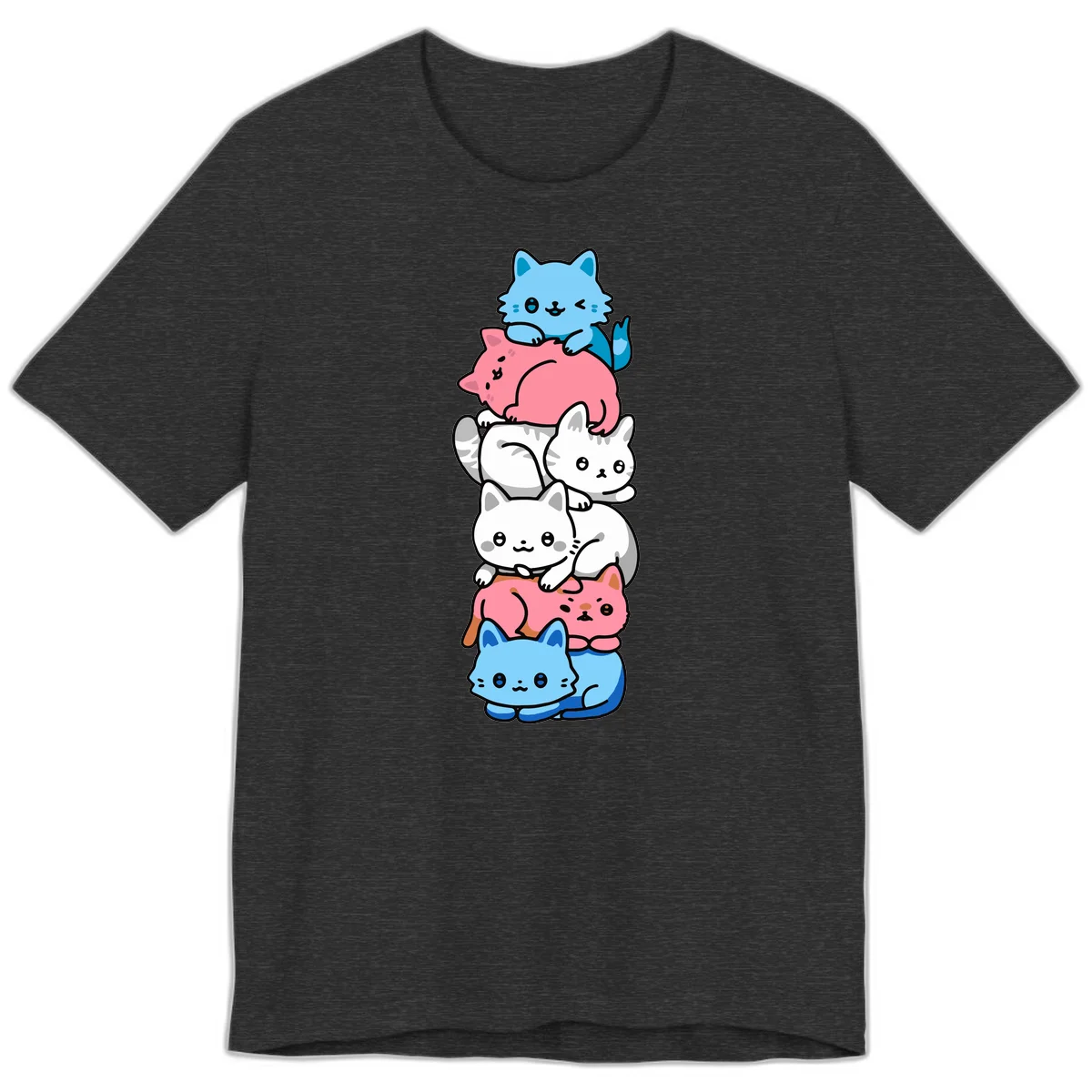 Six stacked kawaii-style cats in light blue, pink, and white with cute smiling faces and whiskers, illustrating a colorful stacked-kawaii-cats-pride design in Dark Grey Heather