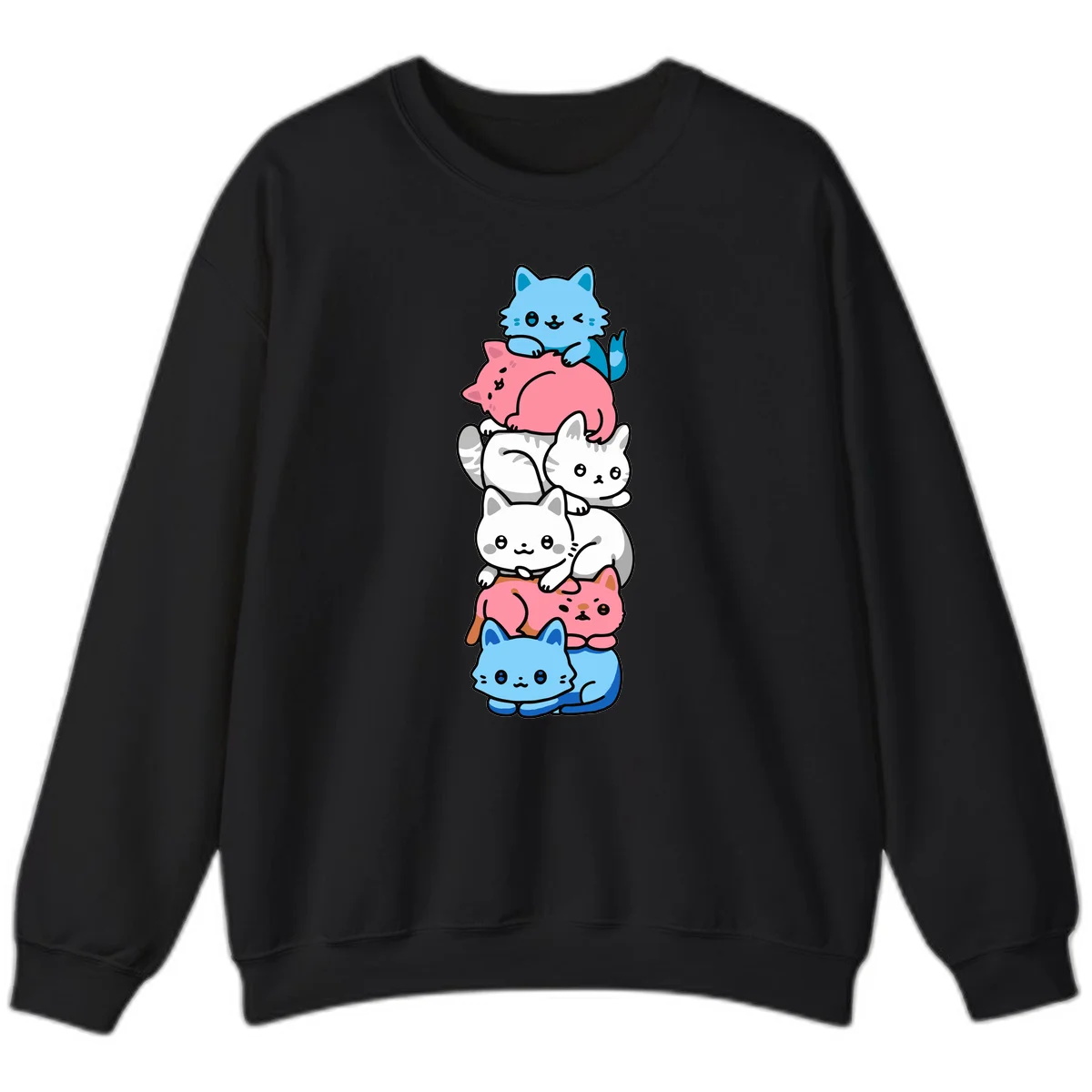Six stacked kawaii-style cats in light blue, pink, and white with cute smiling faces and whiskers, illustrating a colorful stacked-kawaii-cats-pride design in Black