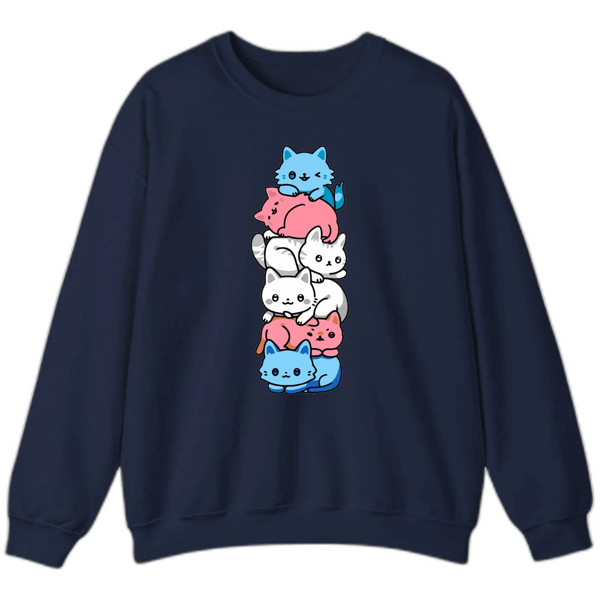 Six stacked kawaii-style cats in light blue, pink, and white with cute smiling faces and whiskers, illustrating a colorful stacked-kawaii-cats-pride design in Navy