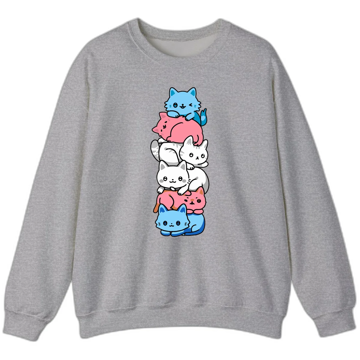 Six stacked kawaii-style cats in light blue, pink, and white with cute smiling faces and whiskers, illustrating a colorful stacked-kawaii-cats-pride design in Sport Grey