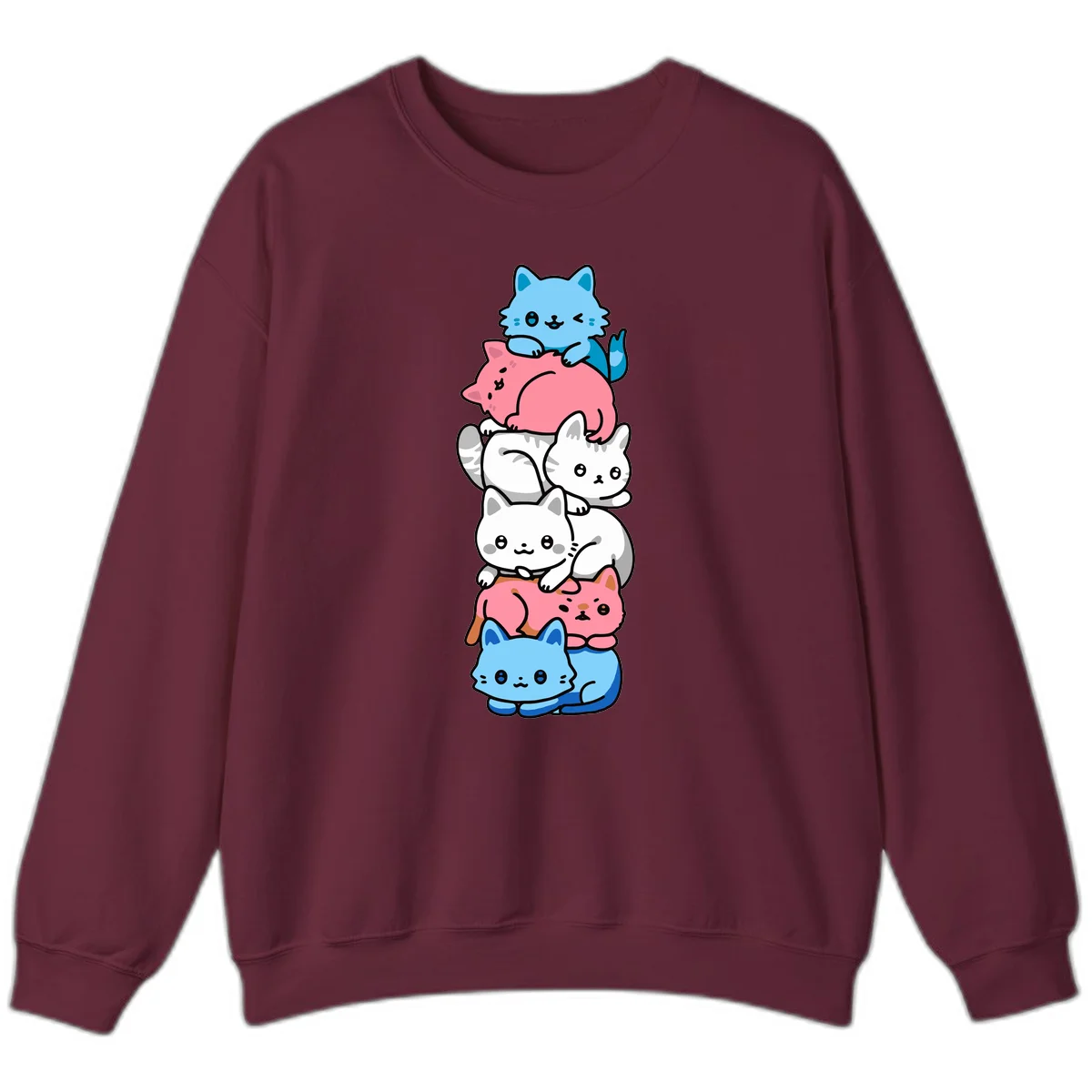 Six stacked kawaii-style cats in light blue, pink, and white with cute smiling faces and whiskers, illustrating a colorful stacked-kawaii-cats-pride design in Maroon