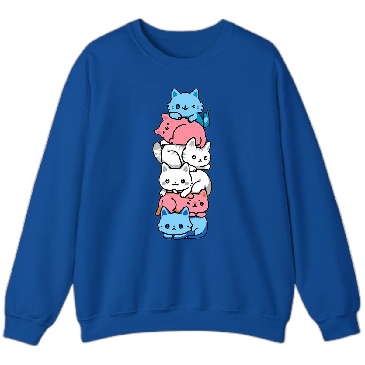 Six stacked kawaii-style cats in light blue, pink, and white with cute smiling faces and whiskers, illustrating a colorful stacked-kawaii-cats-pride design in Royal