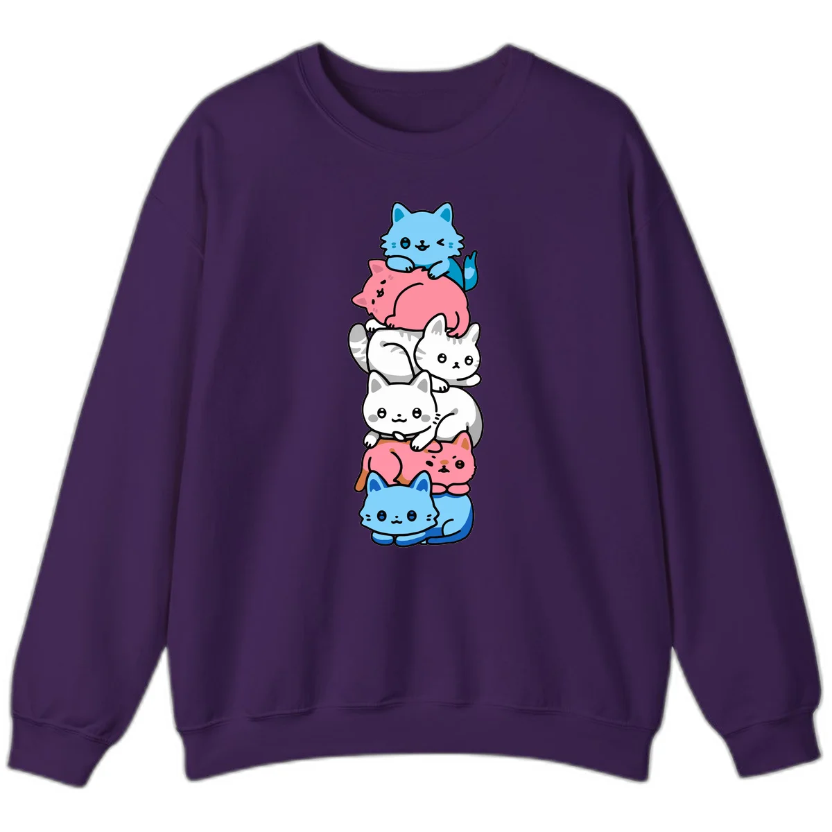 Six stacked kawaii-style cats in light blue, pink, and white with cute smiling faces and whiskers, illustrating a colorful stacked-kawaii-cats-pride design in Purple