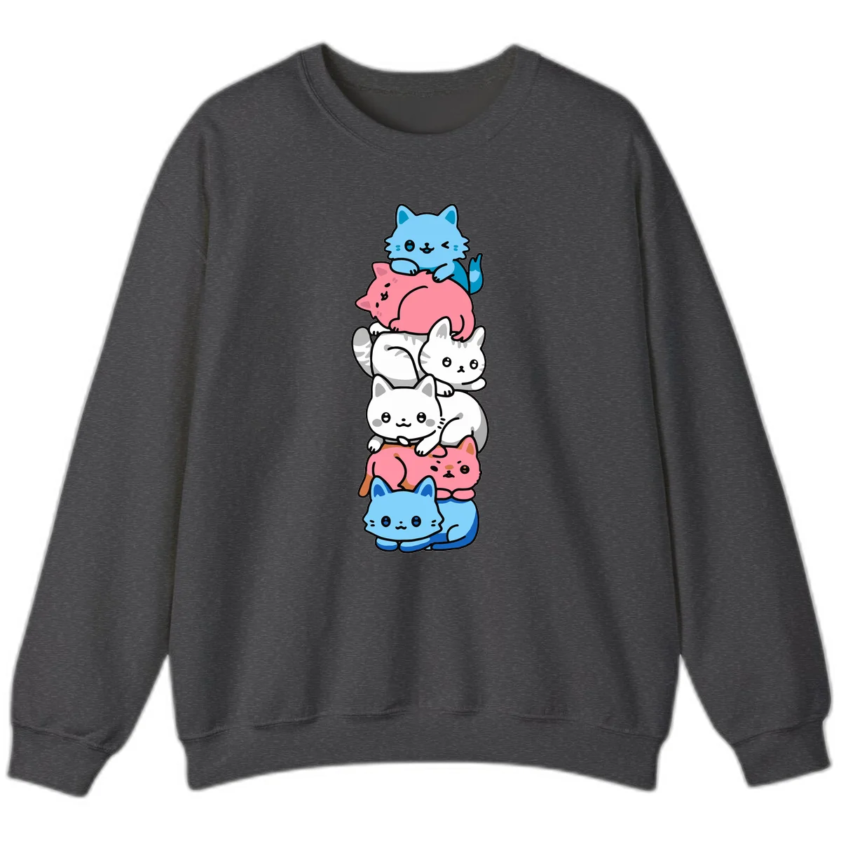 Six stacked kawaii-style cats in light blue, pink, and white with cute smiling faces and whiskers, illustrating a colorful stacked-kawaii-cats-pride design in Dark Heather