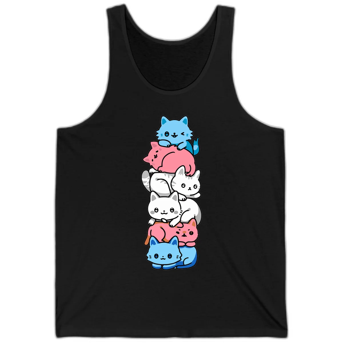 Six stacked kawaii-style cats in light blue, pink, and white with cute smiling faces and whiskers, illustrating a colorful stacked-kawaii-cats-pride design in Black