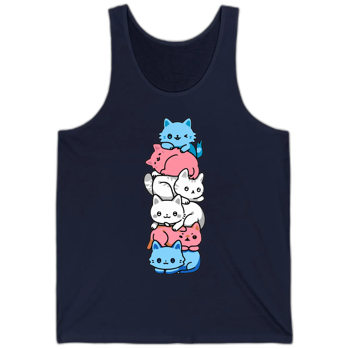 Six stacked kawaii-style cats in light blue, pink, and white with cute smiling faces and whiskers, illustrating a colorful stacked-kawaii-cats-pride design in Navy