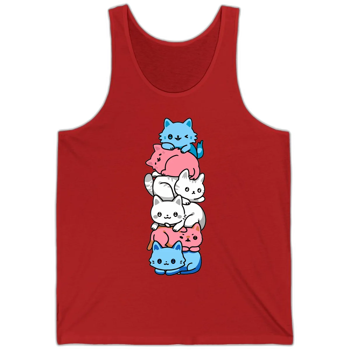 Six stacked kawaii-style cats in light blue, pink, and white with cute smiling faces and whiskers, illustrating a colorful stacked-kawaii-cats-pride design in Red