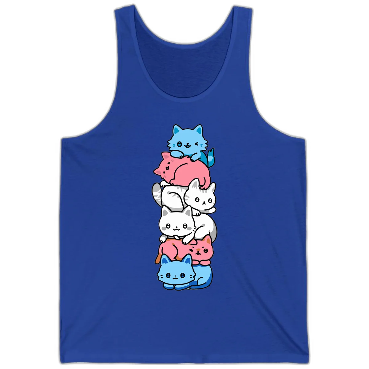 Six stacked kawaii-style cats in light blue, pink, and white with cute smiling faces and whiskers, illustrating a colorful stacked-kawaii-cats-pride design in True Royal