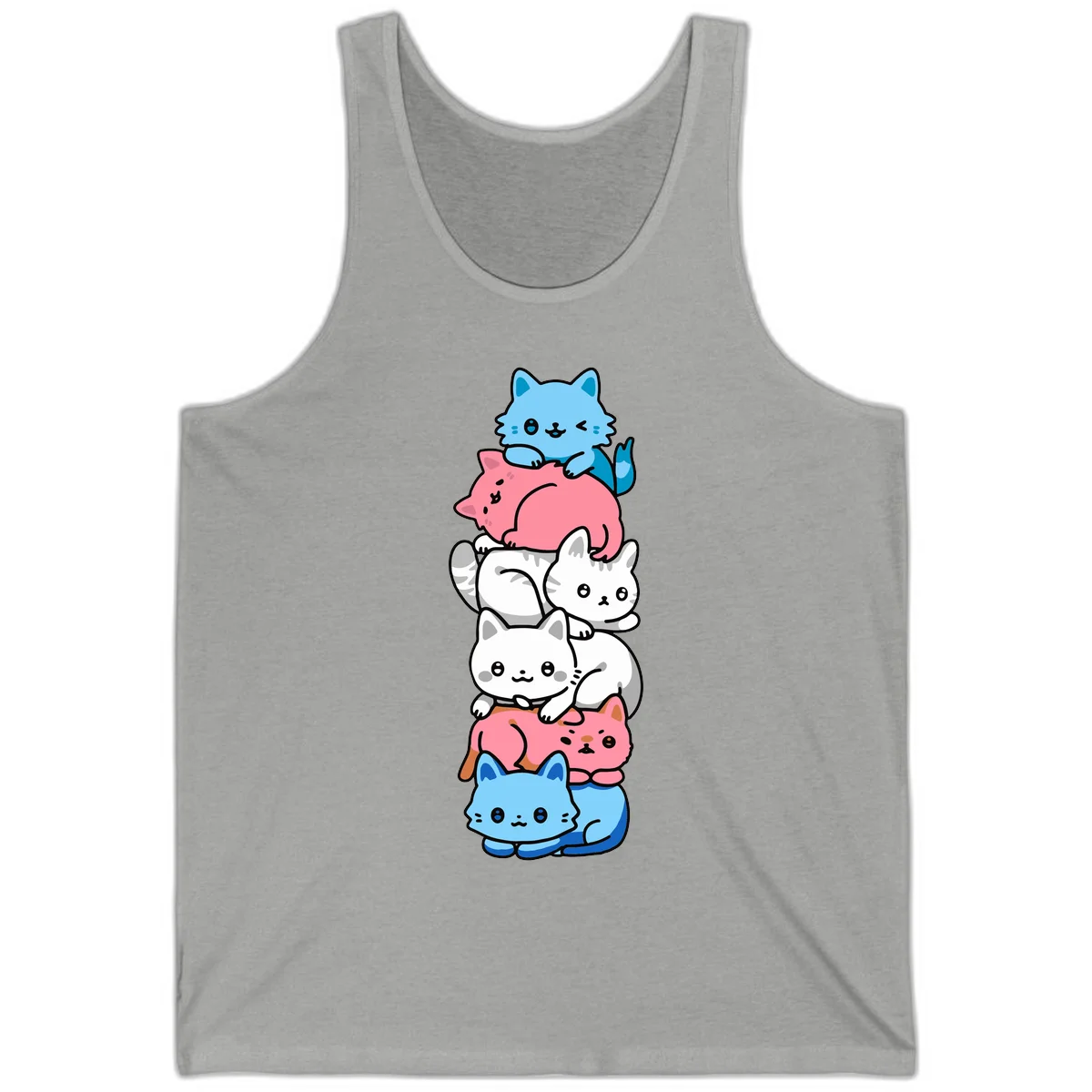 Six stacked kawaii-style cats in light blue, pink, and white with cute smiling faces and whiskers, illustrating a colorful stacked-kawaii-cats-pride design in Athletic Heather