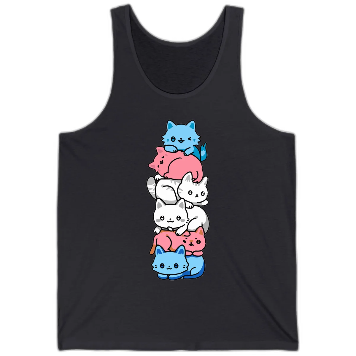 Six stacked kawaii-style cats in light blue, pink, and white with cute smiling faces and whiskers, illustrating a colorful stacked-kawaii-cats-pride design in Dark Grey