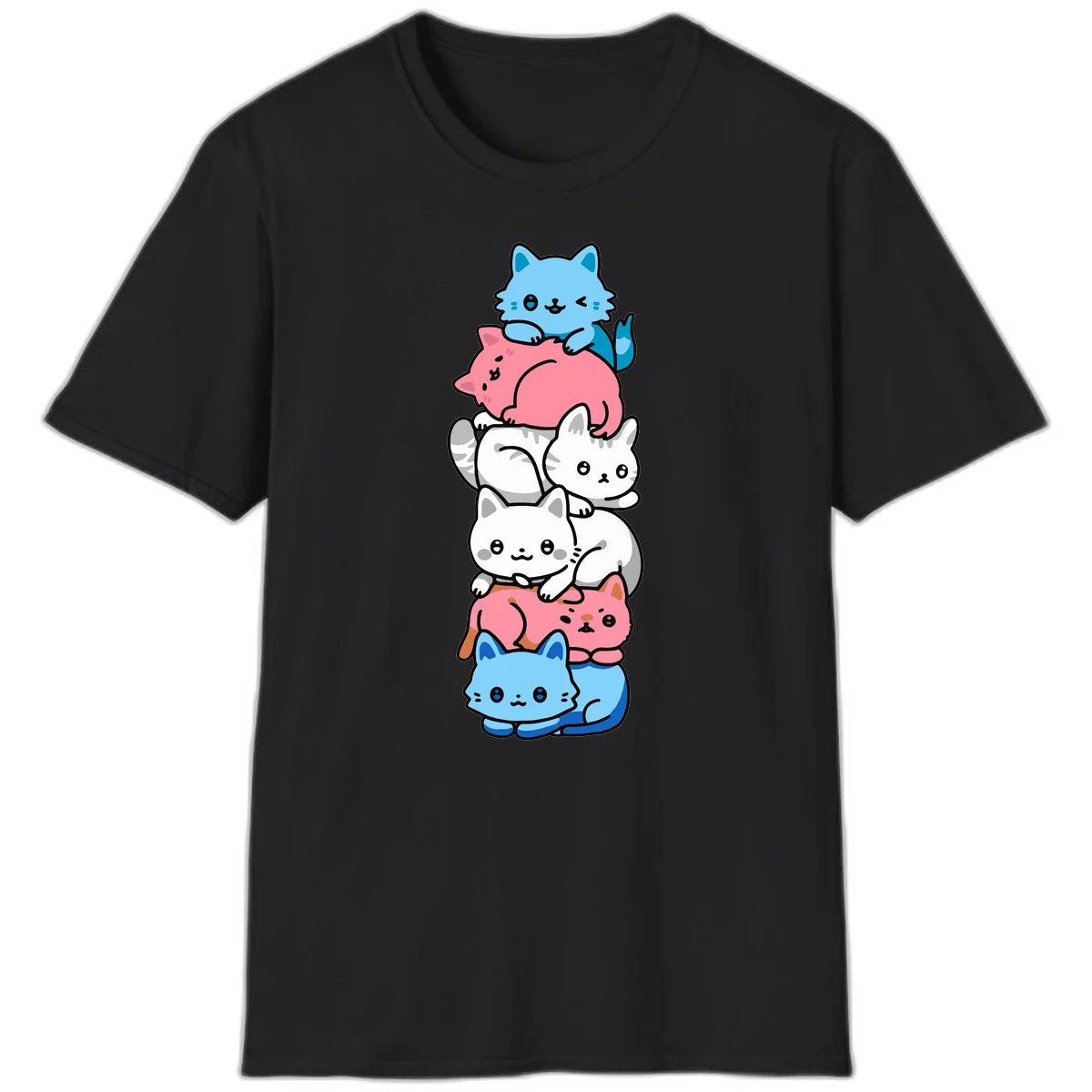 Six stacked kawaii-style cats in light blue, pink, and white with cute smiling faces and whiskers, illustrating a colorful stacked-kawaii-cats-pride design in Black