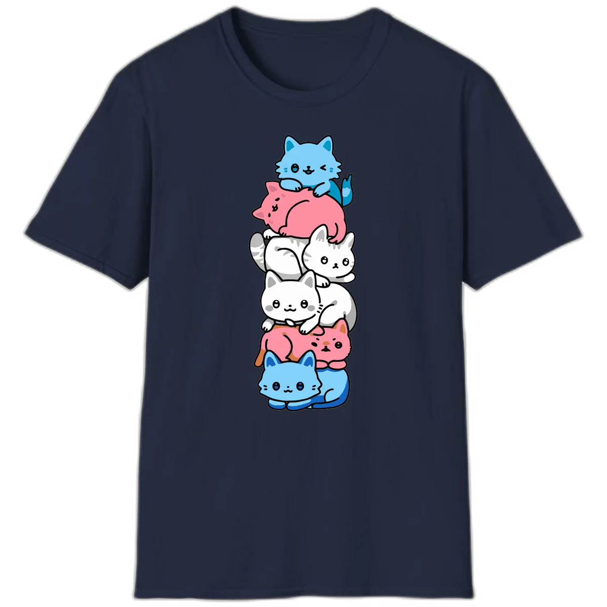 Six stacked kawaii-style cats in light blue, pink, and white with cute smiling faces and whiskers, illustrating a colorful stacked-kawaii-cats-pride design in Navy