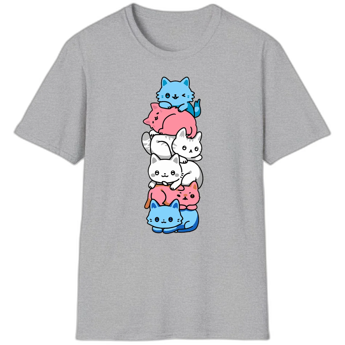 Six stacked kawaii-style cats in light blue, pink, and white with cute smiling faces and whiskers, illustrating a colorful stacked-kawaii-cats-pride design in Sport Grey