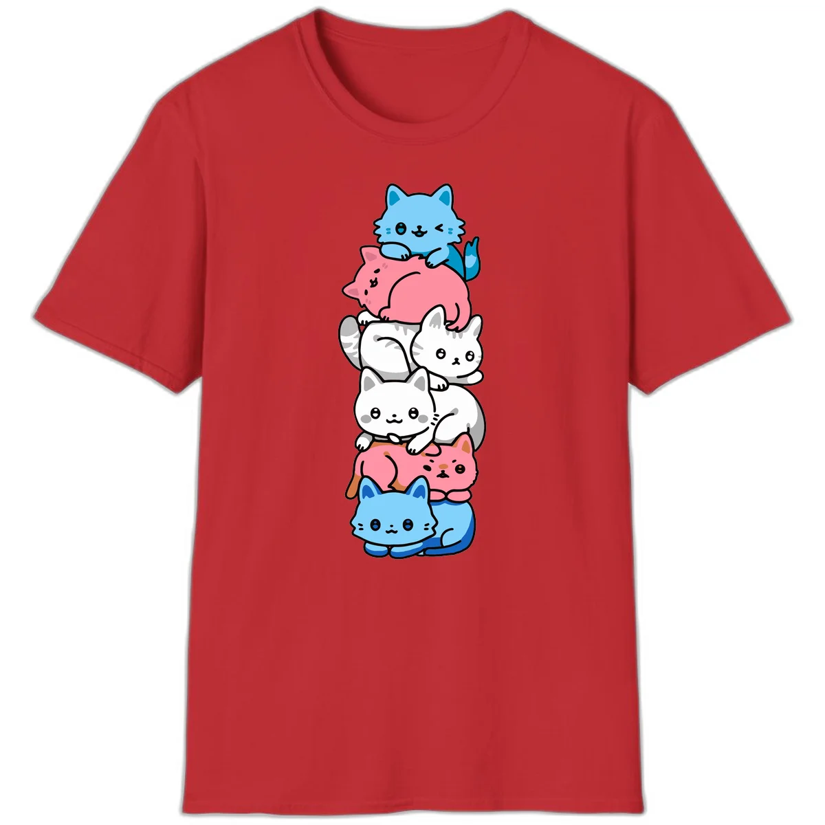 Six stacked kawaii-style cats in light blue, pink, and white with cute smiling faces and whiskers, illustrating a colorful stacked-kawaii-cats-pride design in Red