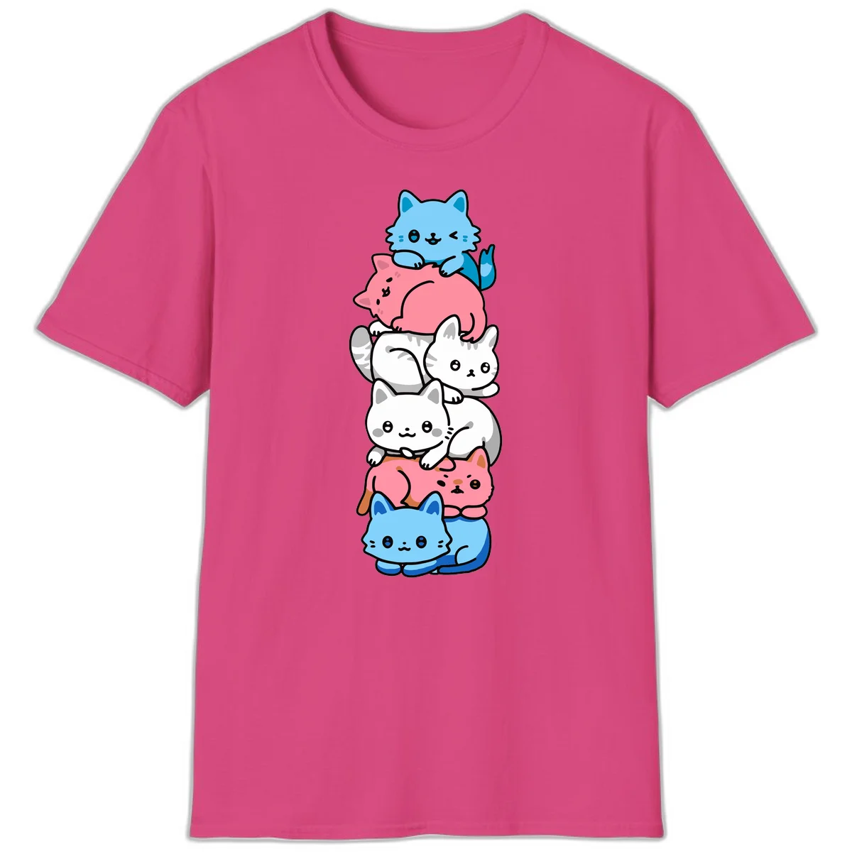 Six stacked kawaii-style cats in light blue, pink, and white with cute smiling faces and whiskers, illustrating a colorful stacked-kawaii-cats-pride design in Heliconia