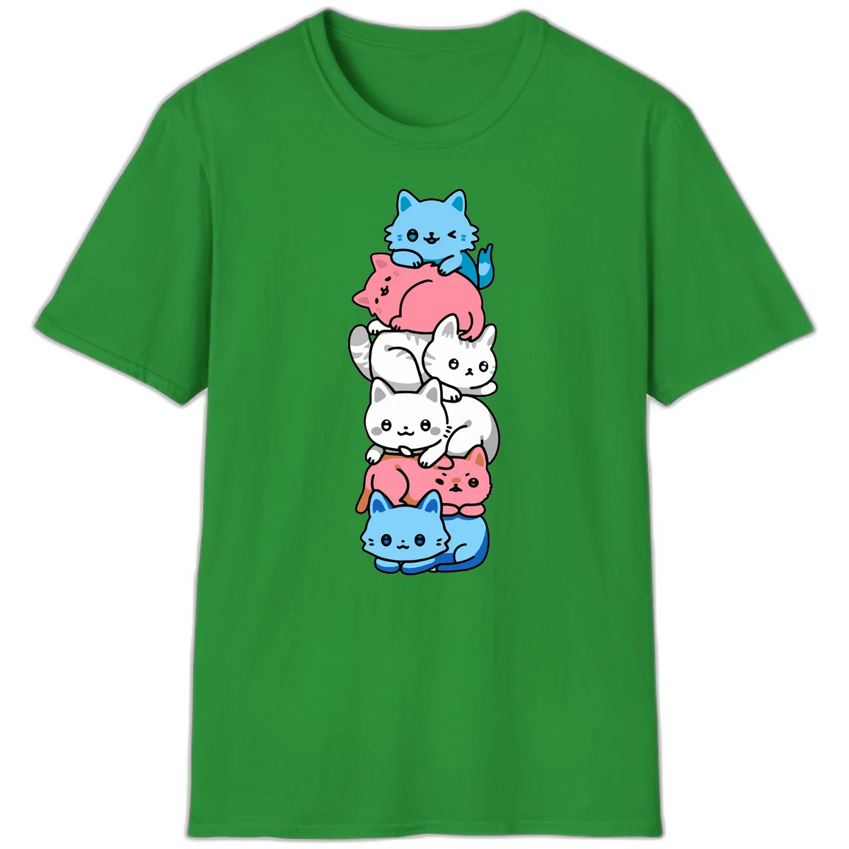 Six stacked kawaii-style cats in light blue, pink, and white with cute smiling faces and whiskers, illustrating a colorful stacked-kawaii-cats-pride design in Irish Green