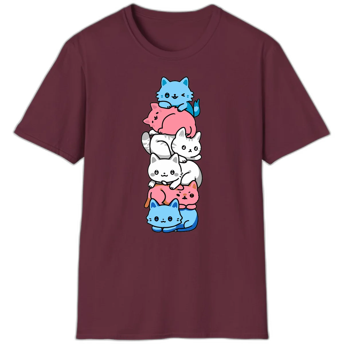 Six stacked kawaii-style cats in light blue, pink, and white with cute smiling faces and whiskers, illustrating a colorful stacked-kawaii-cats-pride design in Maroon
