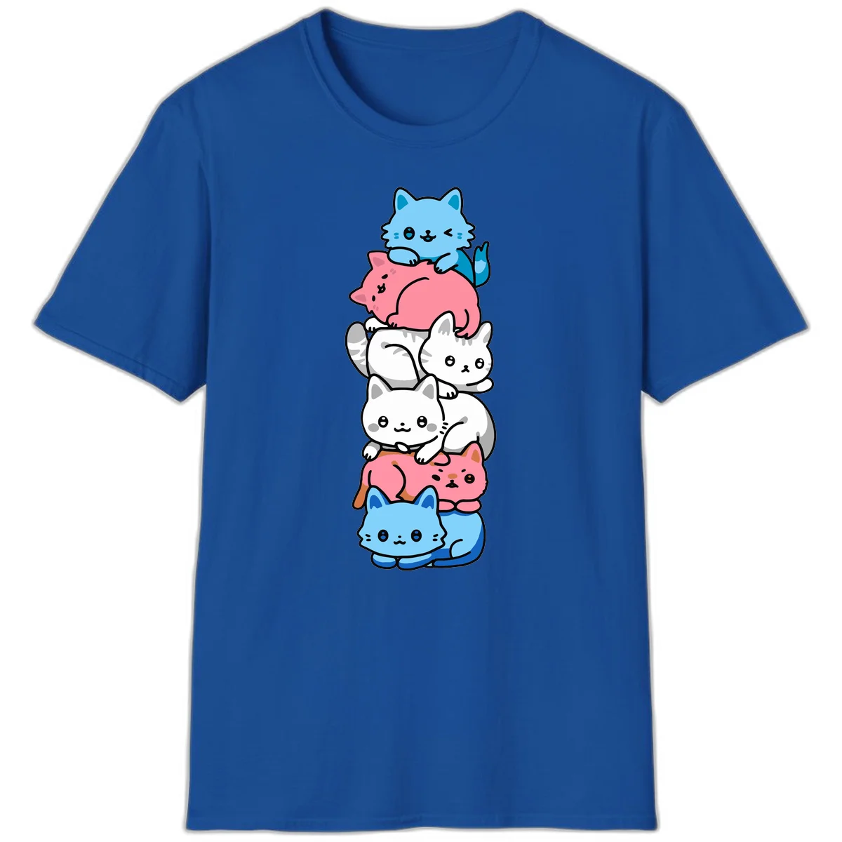 Six stacked kawaii-style cats in light blue, pink, and white with cute smiling faces and whiskers, illustrating a colorful stacked-kawaii-cats-pride design in Royal