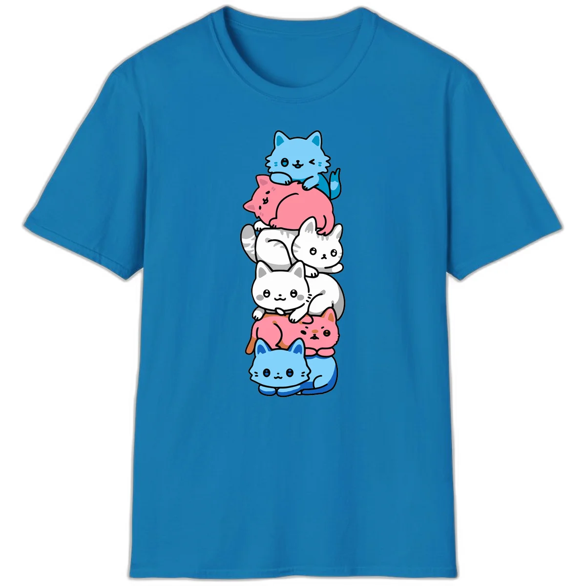 Six stacked kawaii-style cats in light blue, pink, and white with cute smiling faces and whiskers, illustrating a colorful stacked-kawaii-cats-pride design in Sapphire
