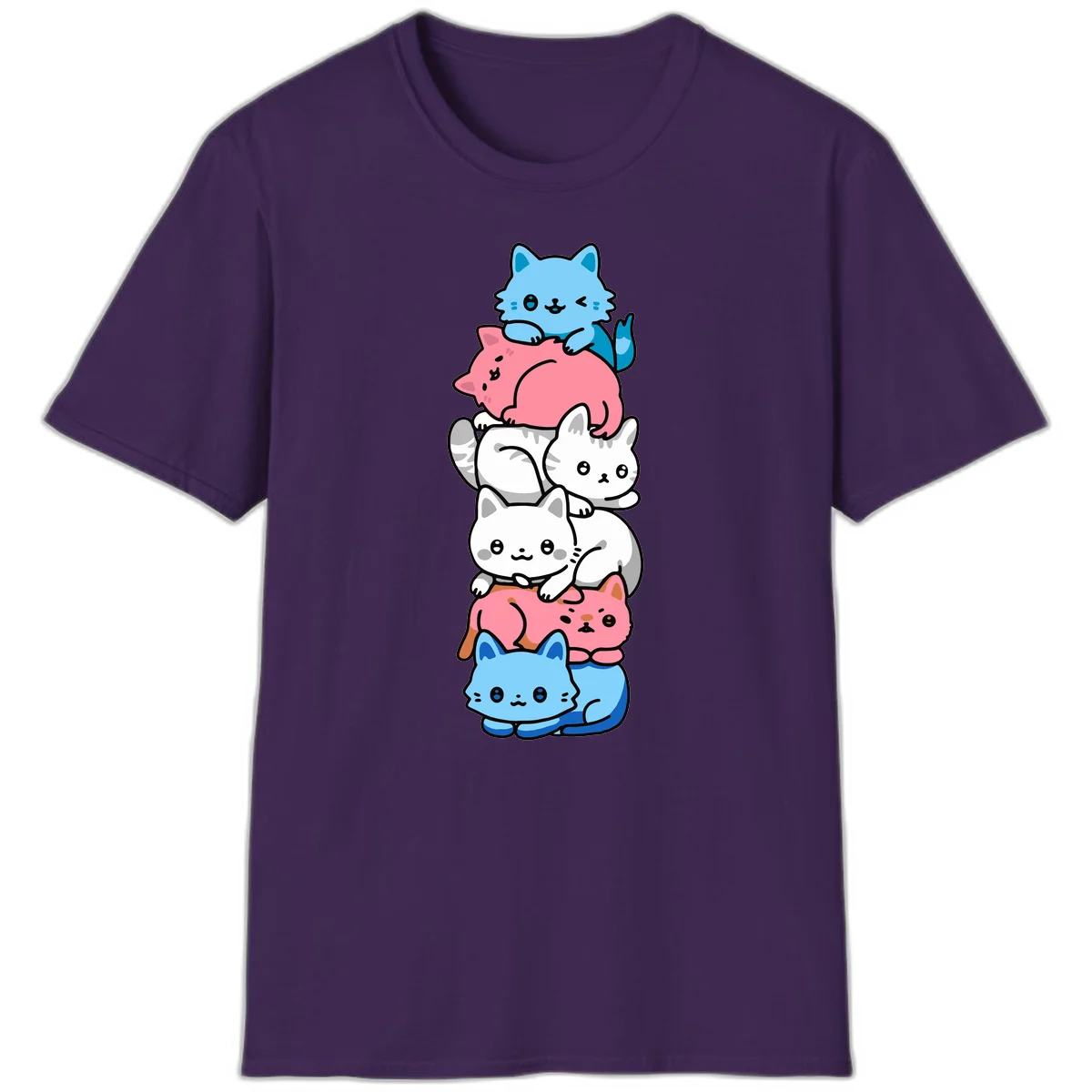 Six stacked kawaii-style cats in light blue, pink, and white with cute smiling faces and whiskers, illustrating a colorful stacked-kawaii-cats-pride design in Purple
