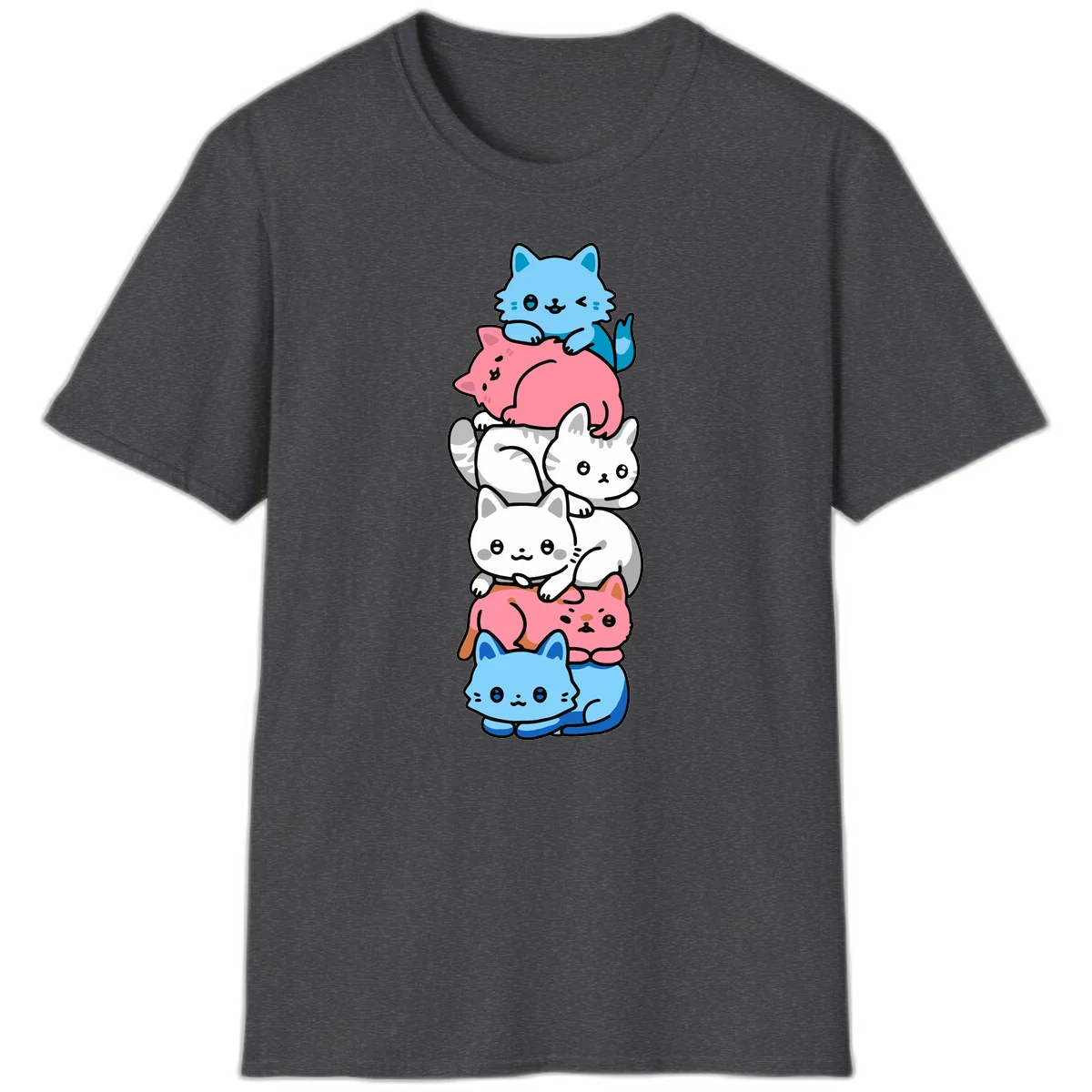 Six stacked kawaii-style cats in light blue, pink, and white with cute smiling faces and whiskers, illustrating a colorful stacked-kawaii-cats-pride design in Dark Heather
