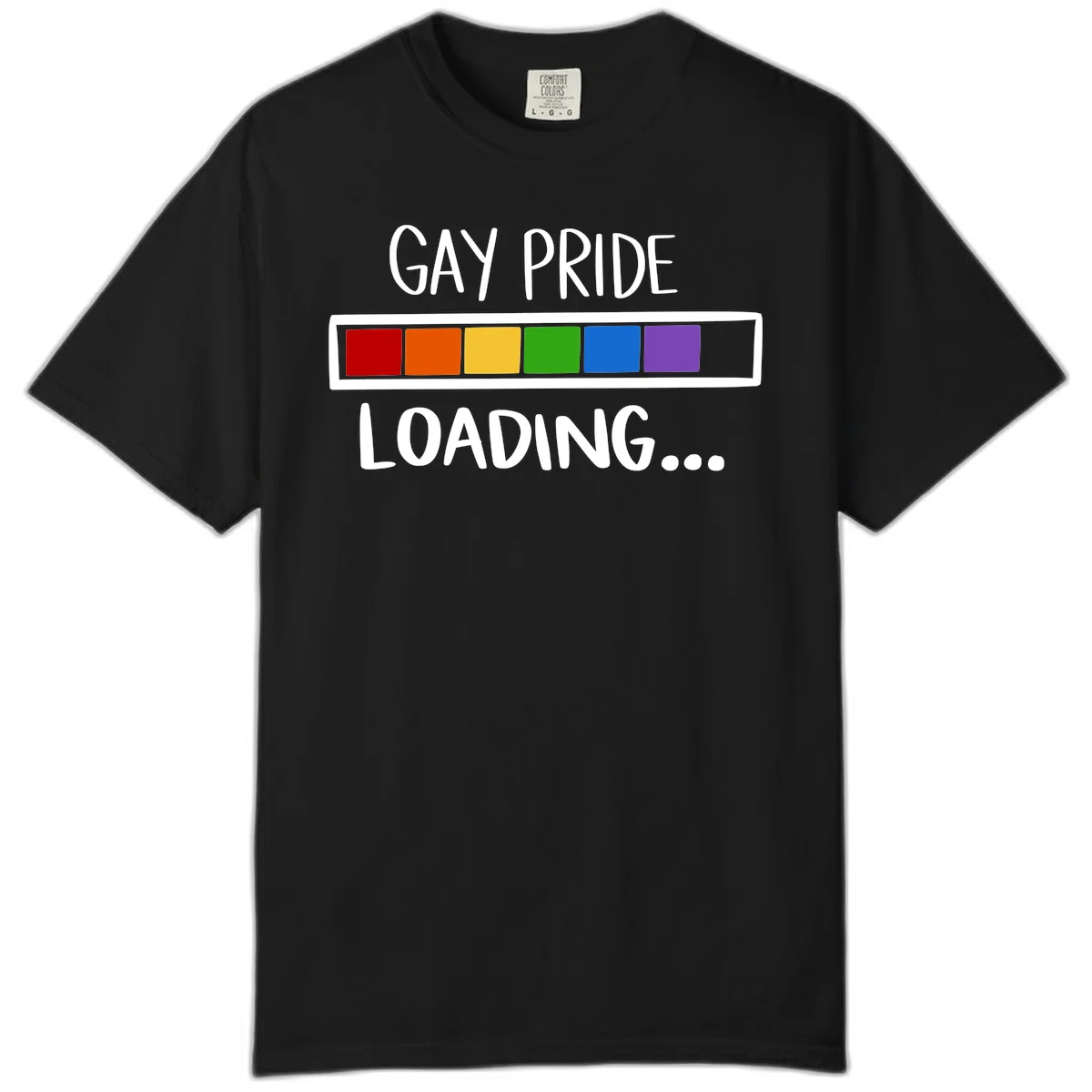 Pride loading bar design with text 'GAY PRIDE LOADING' and six-color rainbow progress indicator in Black