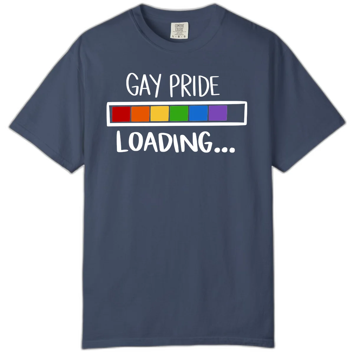 Pride loading bar design with text 'GAY PRIDE LOADING' and six-color rainbow progress indicator in Midnight