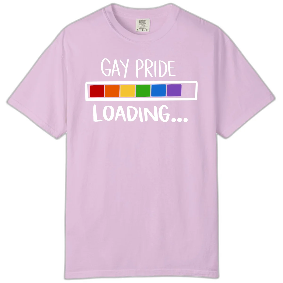 Pride loading bar design with text 'GAY PRIDE LOADING' and six-color rainbow progress indicator in Orchid