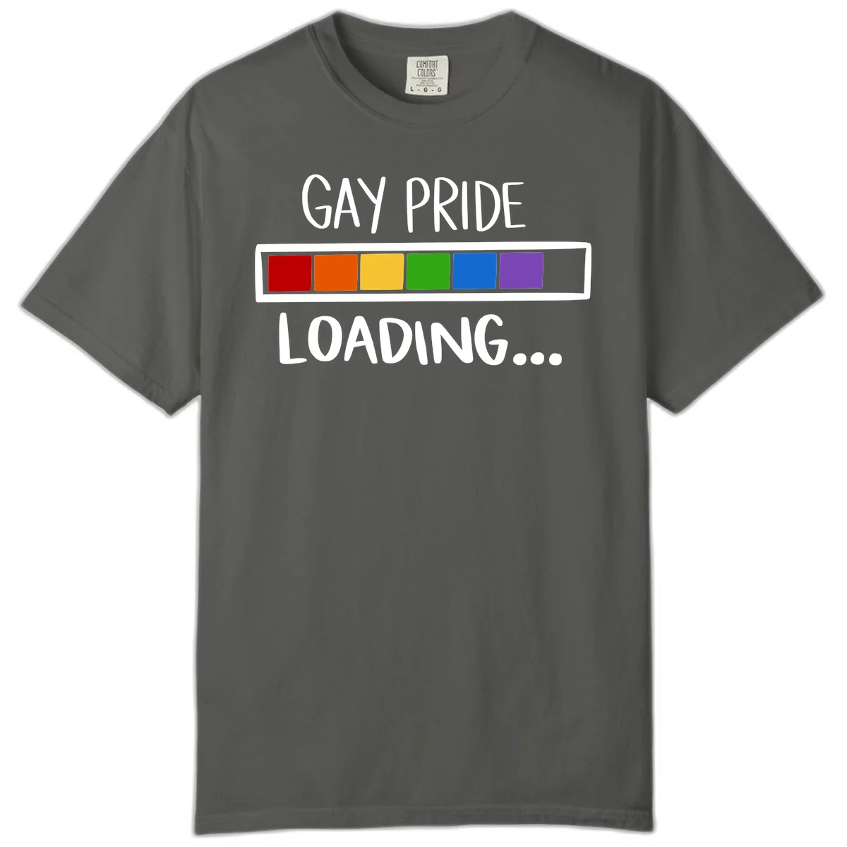 Pride loading bar design with text 'GAY PRIDE LOADING' and six-color rainbow progress indicator in Pepper
