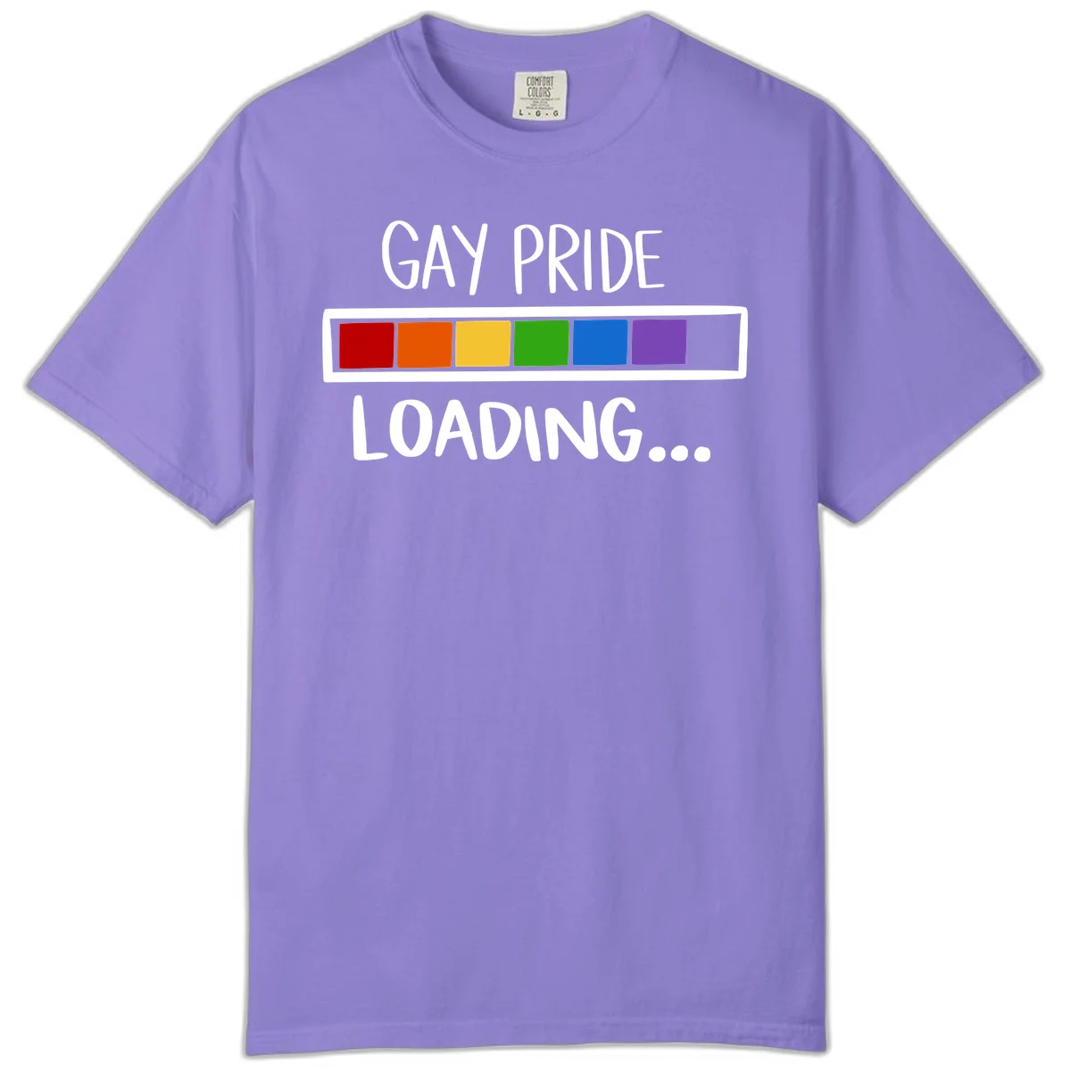 Pride loading bar design with text 'GAY PRIDE LOADING' and six-color rainbow progress indicator in Violet
