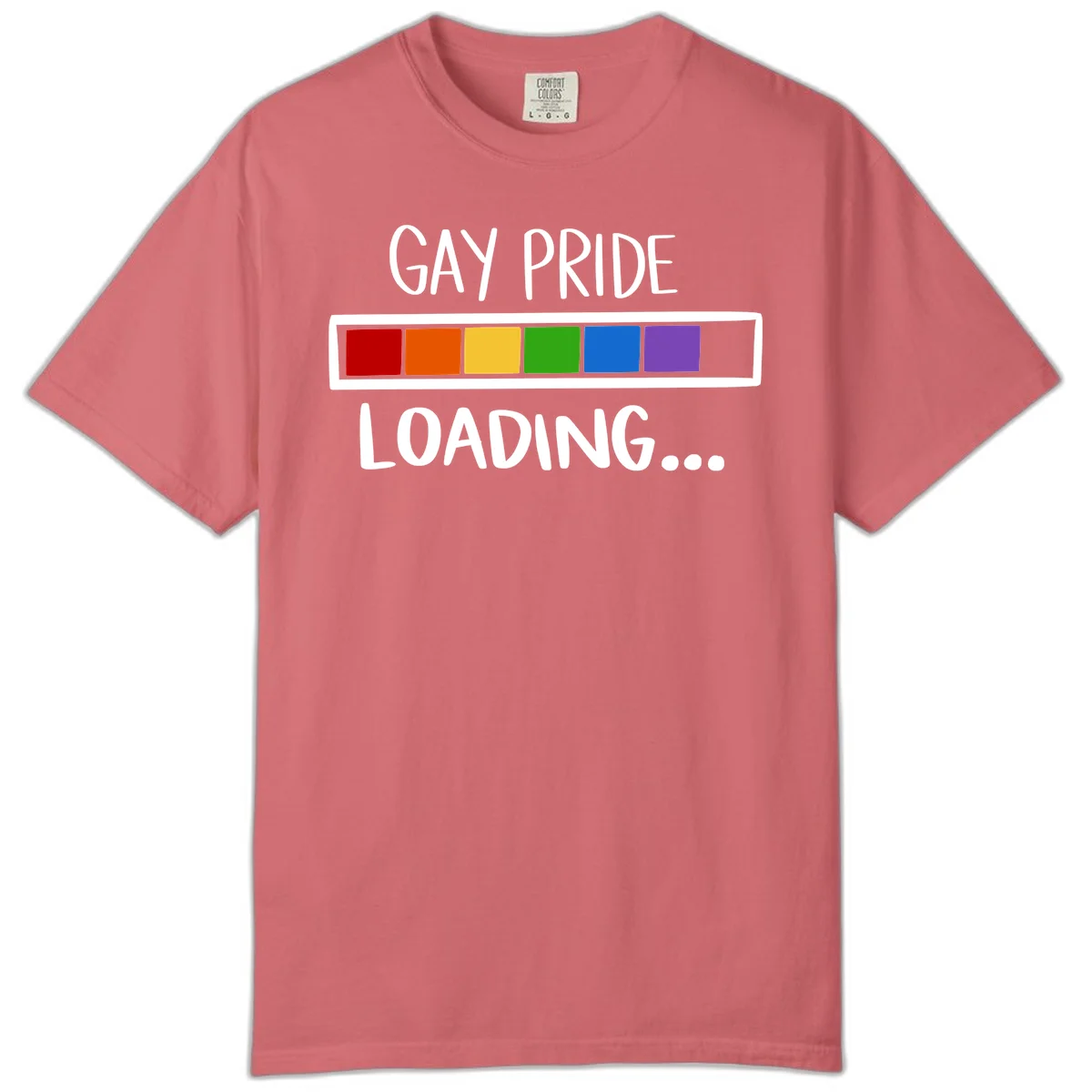 Pride loading bar design with text 'GAY PRIDE LOADING' and six-color rainbow progress indicator in Watermelon
