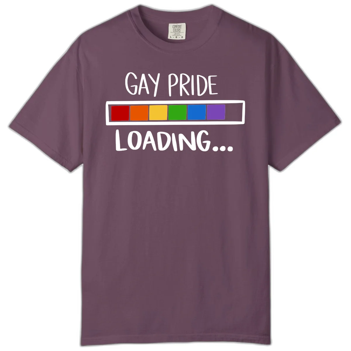 Pride loading bar design with text 'GAY PRIDE LOADING' and six-color rainbow progress indicator in Berry