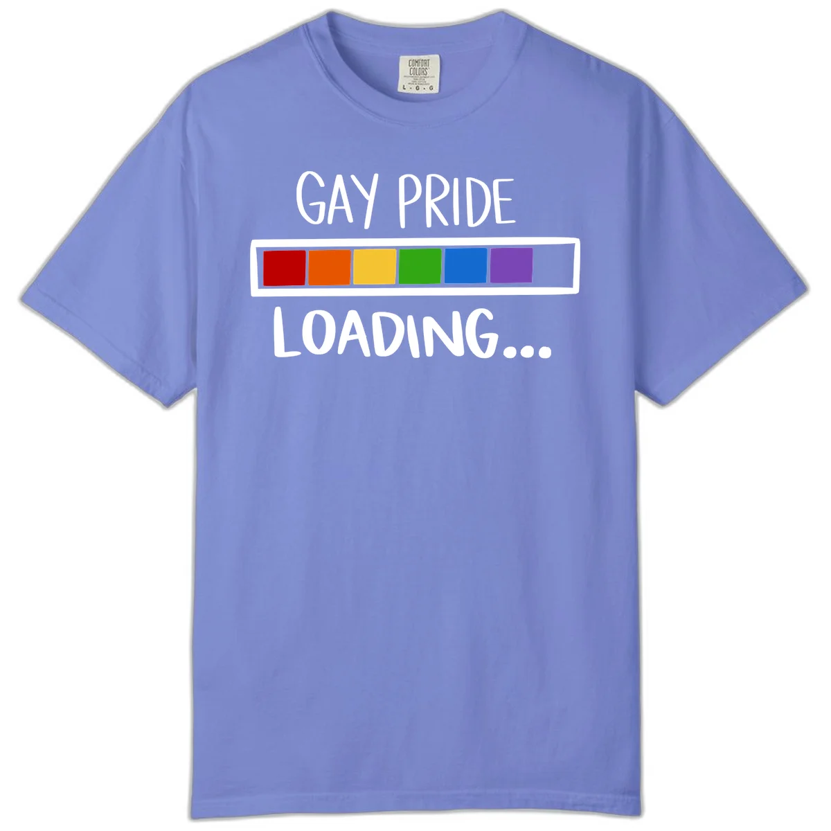 Pride loading bar design with text 'GAY PRIDE LOADING' and six-color rainbow progress indicator in Flo Blue