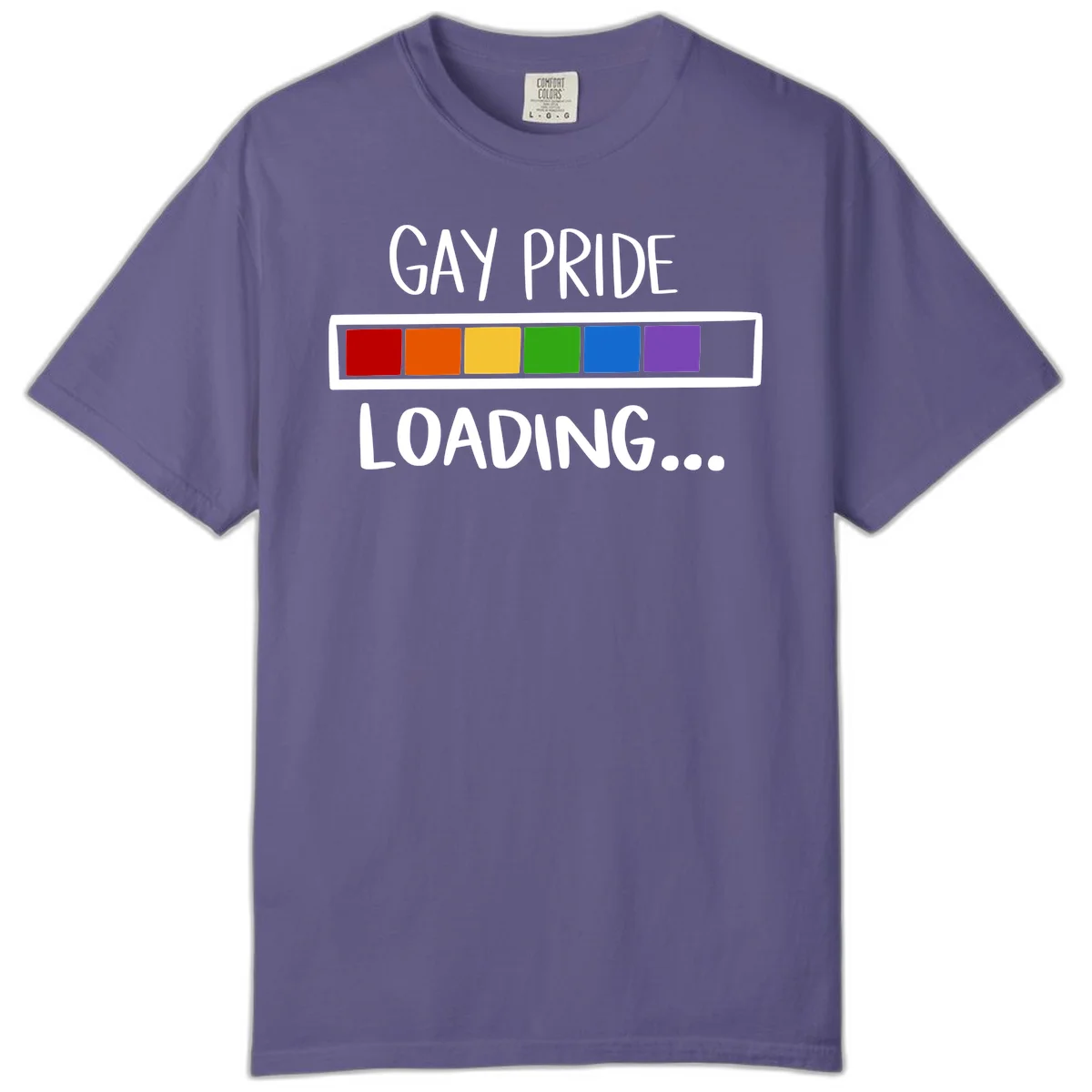 Pride loading bar design with text 'GAY PRIDE LOADING' and six-color rainbow progress indicator in Grape