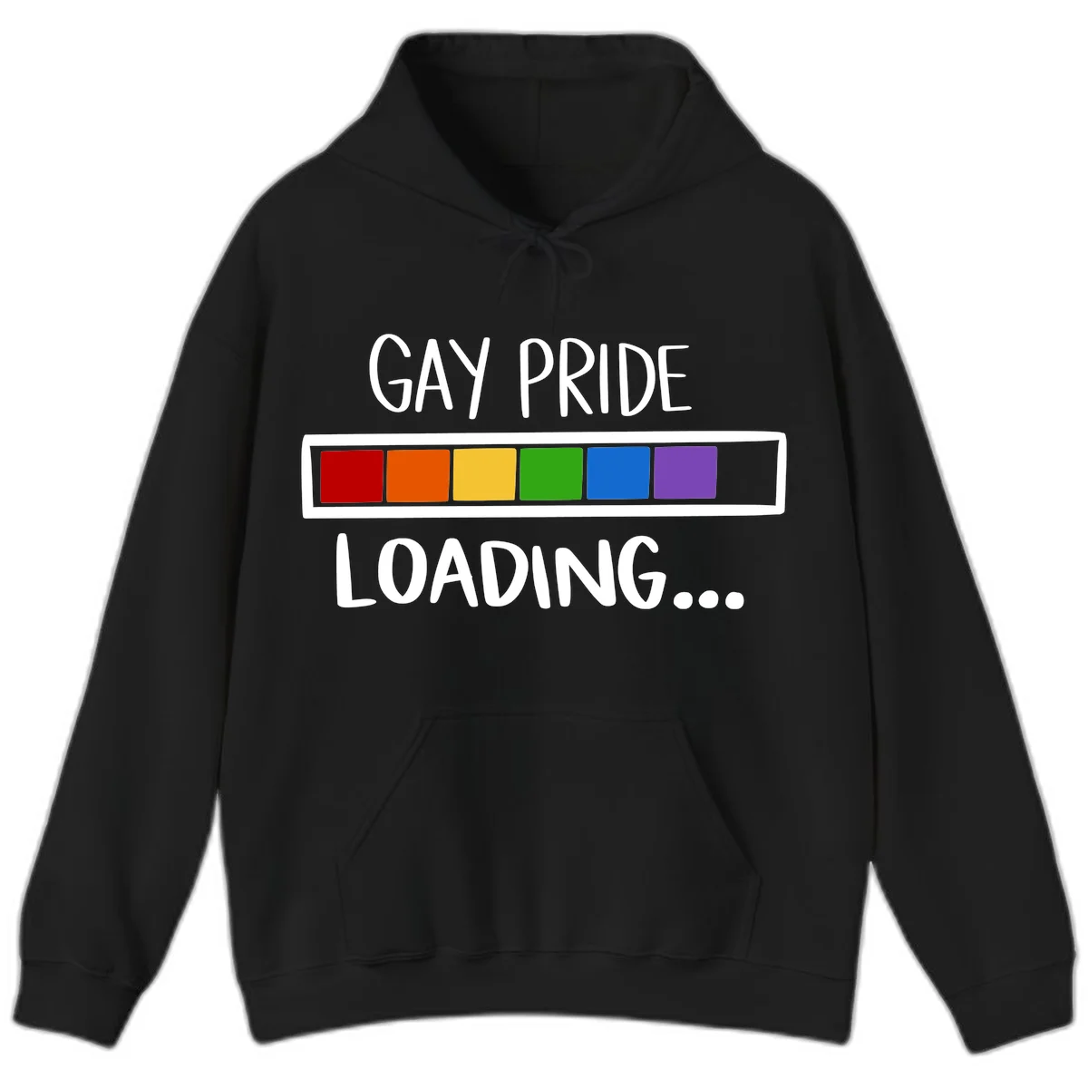 Pride loading bar design with text 'GAY PRIDE LOADING' and six-color rainbow progress indicator in Black