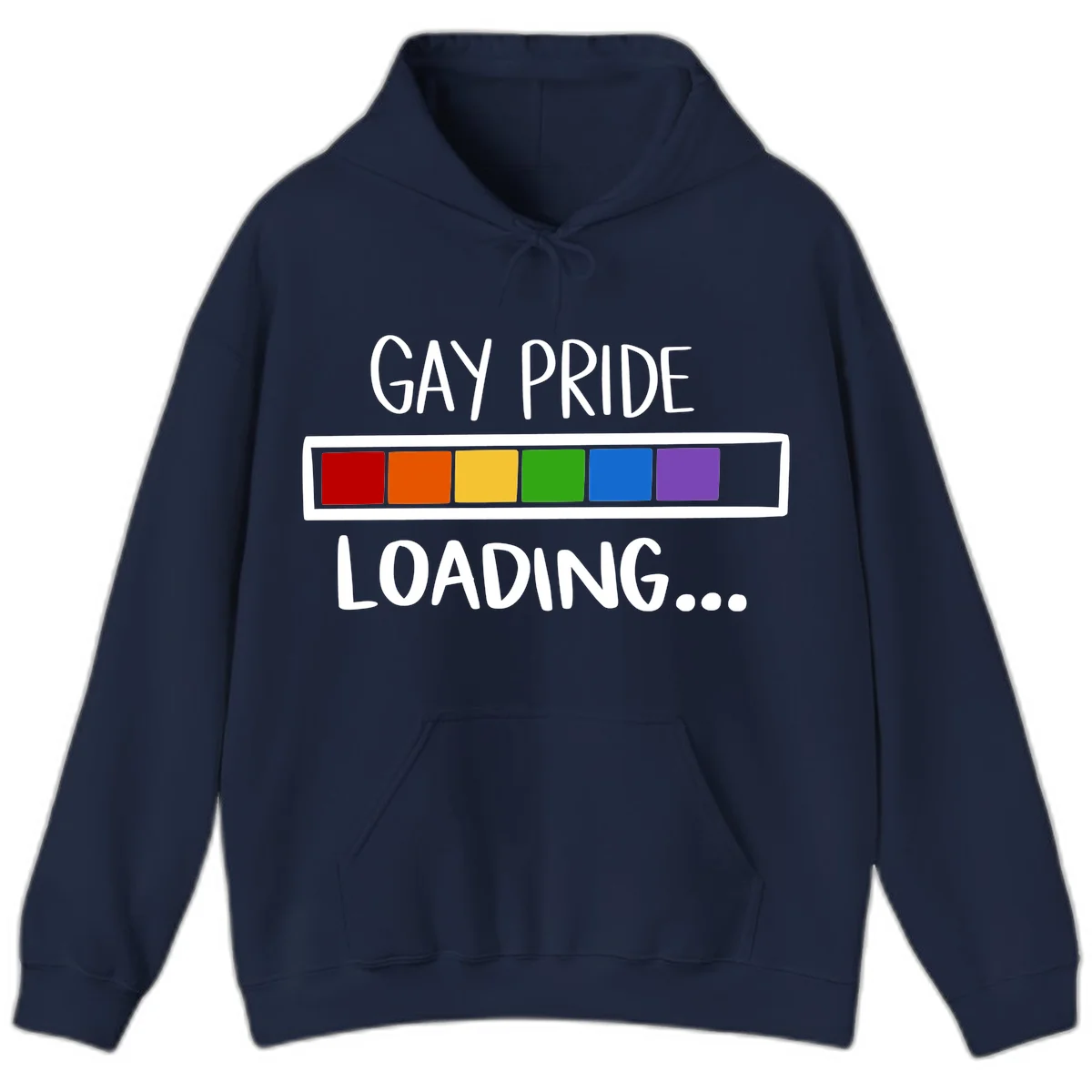 Pride loading bar design with text 'GAY PRIDE LOADING' and six-color rainbow progress indicator in Navy