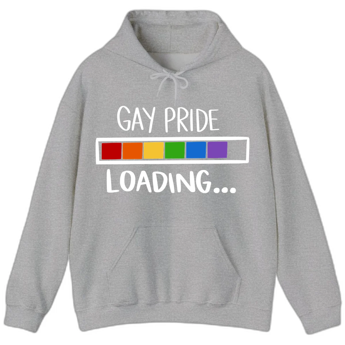 Pride loading bar design with text 'GAY PRIDE LOADING' and six-color rainbow progress indicator in Sport Grey