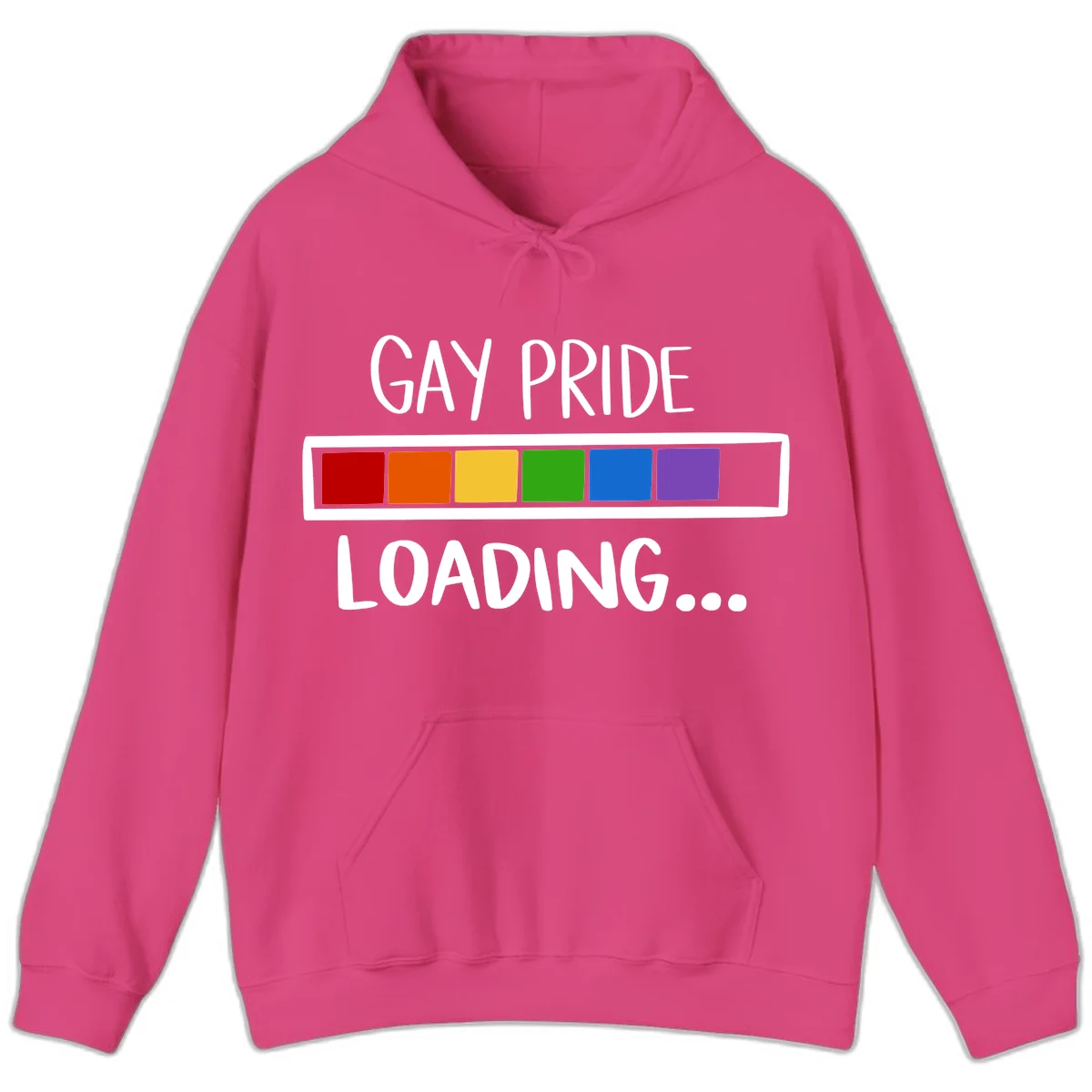 Pride loading bar design with text 'GAY PRIDE LOADING' and six-color rainbow progress indicator in Heliconia