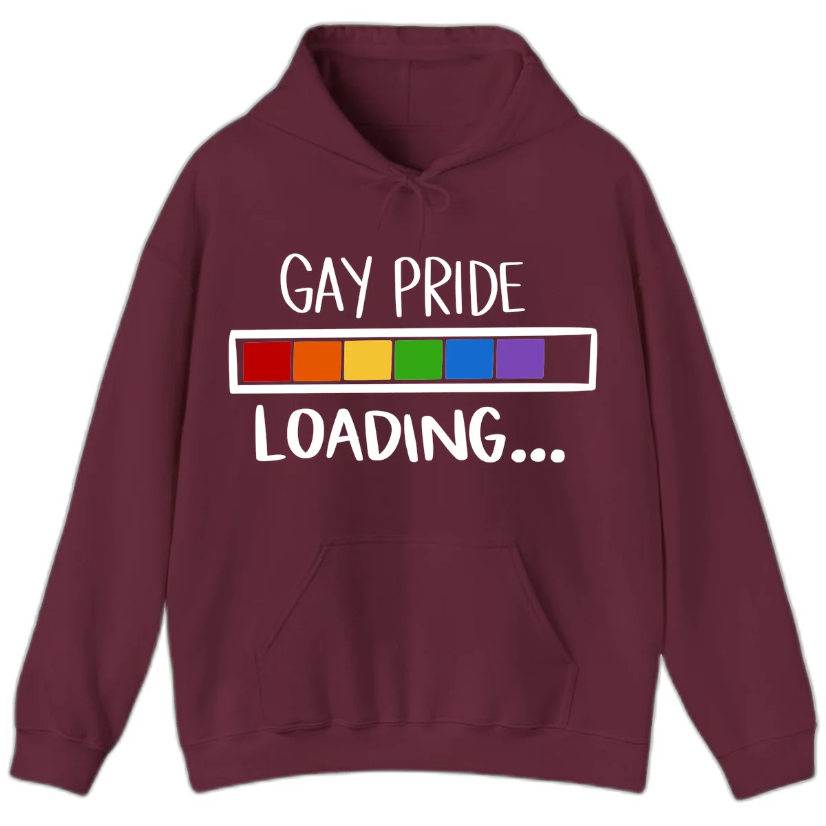 Pride loading bar design with text 'GAY PRIDE LOADING' and six-color rainbow progress indicator in Maroon