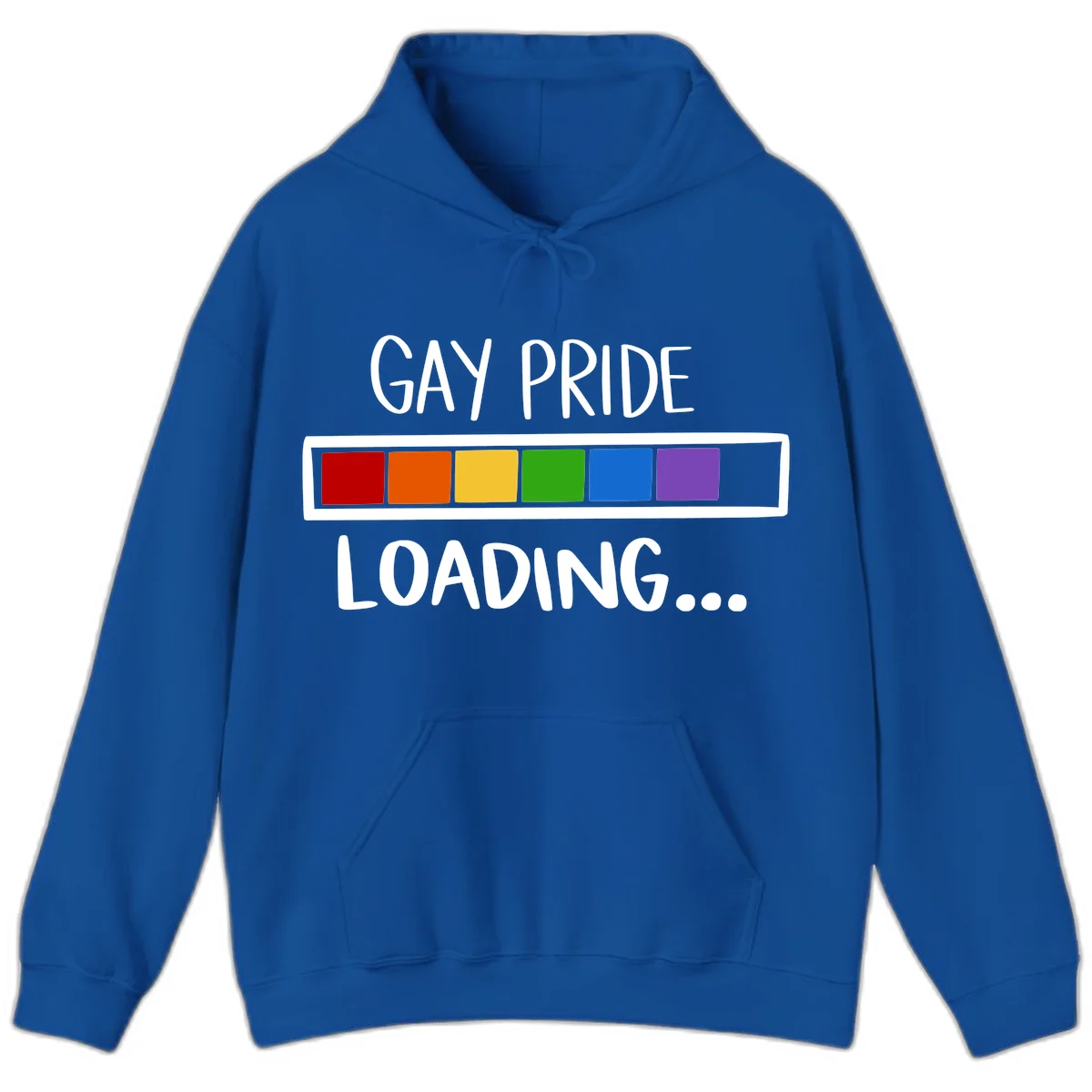 Pride loading bar design with text 'GAY PRIDE LOADING' and six-color rainbow progress indicator in Royal