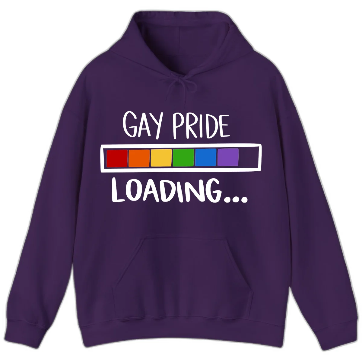 Pride loading bar design with text 'GAY PRIDE LOADING' and six-color rainbow progress indicator in Purple