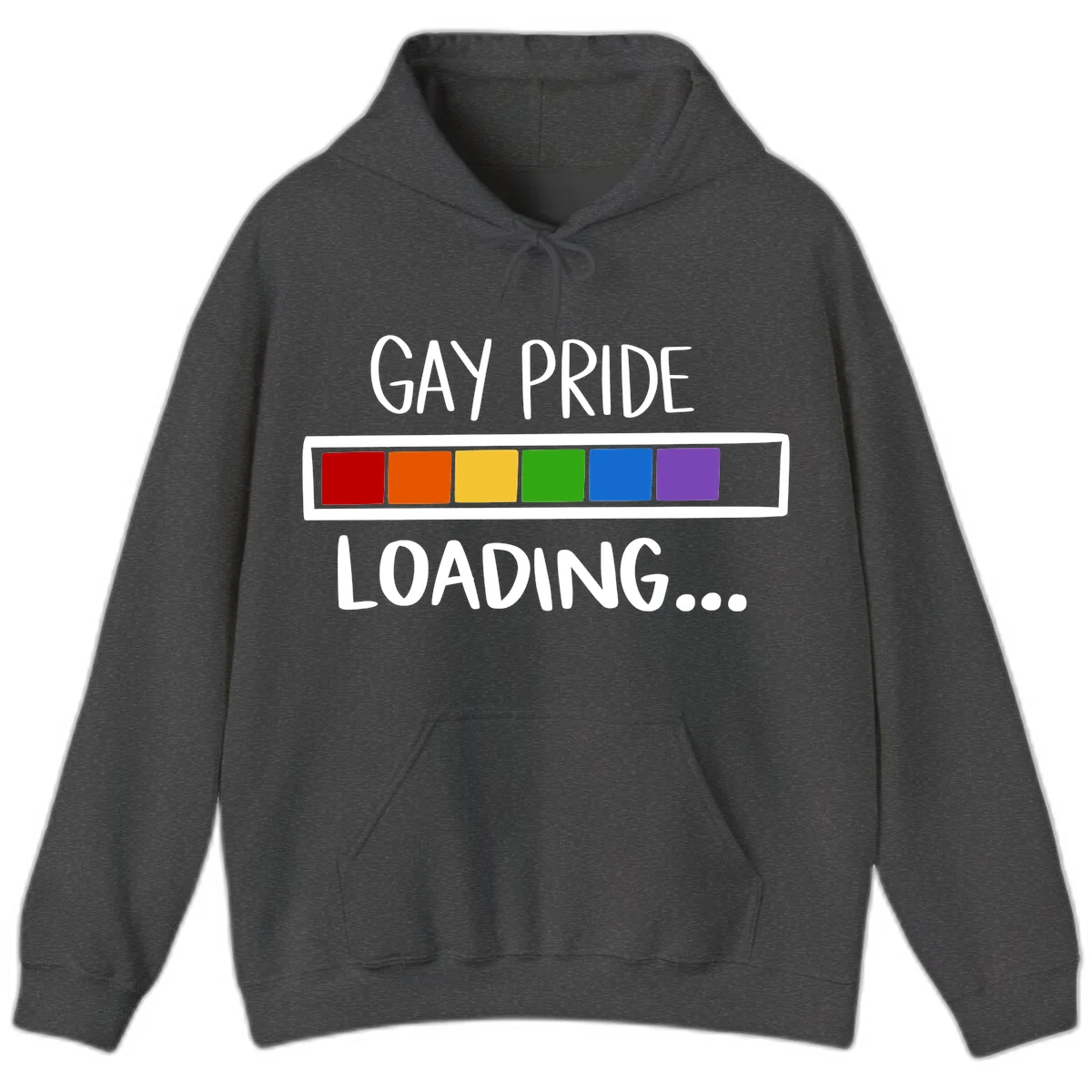 Pride loading bar design with text 'GAY PRIDE LOADING' and six-color rainbow progress indicator in Dark Heather