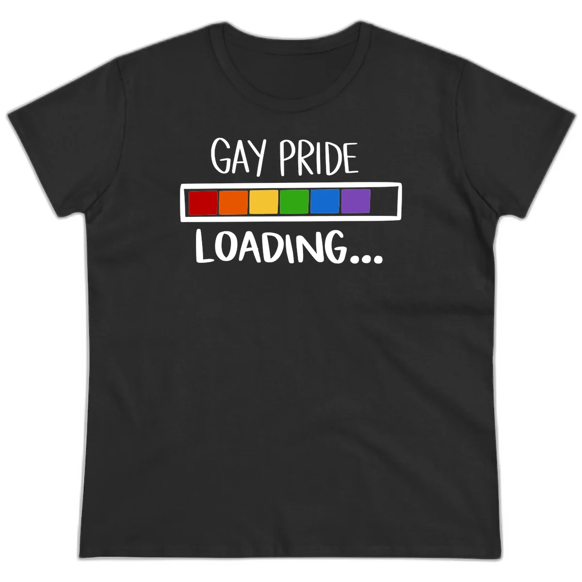 Pride loading bar design with text 'GAY PRIDE LOADING' and six-color rainbow progress indicator in Black